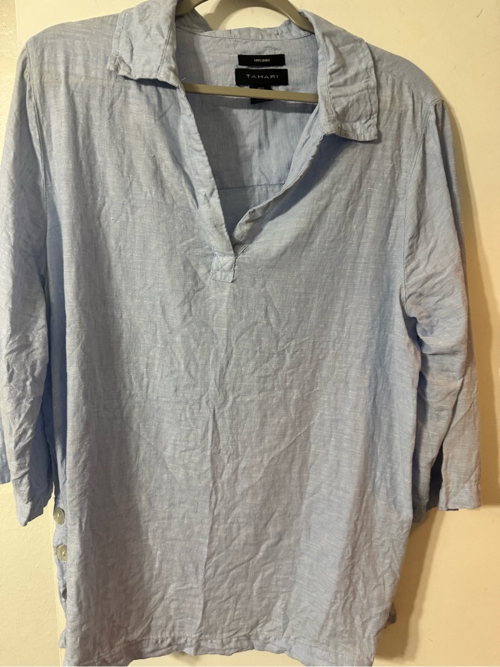 Tahari Light Blue Women's Linen-Blend V-Neck Button-Side Tunic